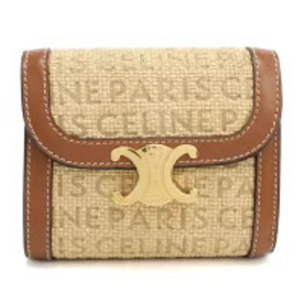 Celine Tri fold Wallet Compact Triomphe Flap Leather Beige Cream